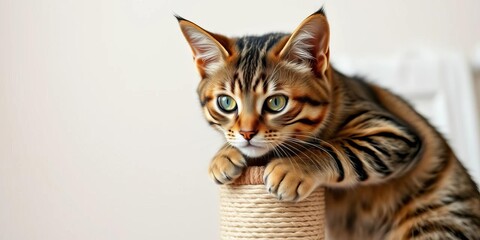 Playful tabby cat perched on a scratching post, gazing intently, stock photo, animal