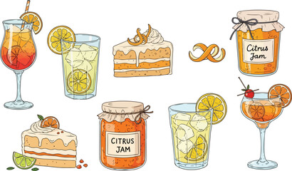 Hand Drawn Citrus Dessert and Lemon Drink Illustration Set, Orange Jam, Lemonade, Cake and Refreshing Beverages
