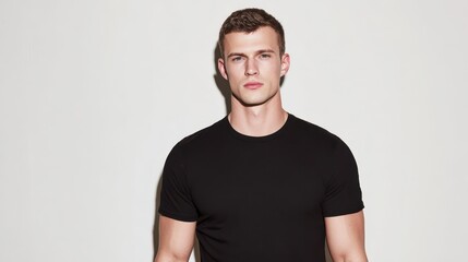 Fototapeta premium Front-facing male model wearing a black tee on a clean white backdrop for design presentation