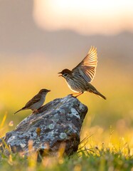 Two small birds in a field with a blurred background. One perched on a rock, wings spread, illuminated by golden sunlight