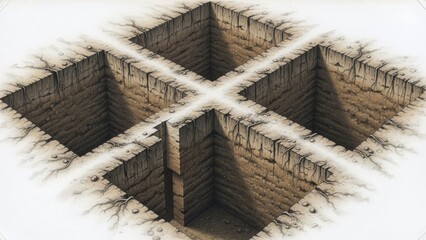 Four Square Holes in Earth, Abstract Concept, Digging, Problem Solving