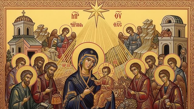 Traditional Byzantine Religious Icon of the Nativity with Virgin Mary and Christ Child