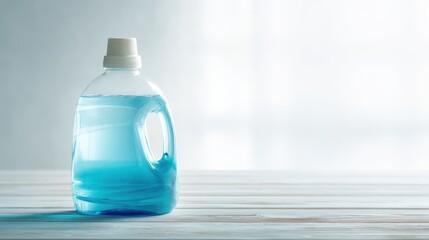 Generic fabric care gel container on wood surface with clean white backdrop and room for text