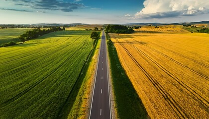 a long straight rural road between vibrant green and golden fields