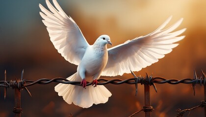 a white dove of peace perched on rusty barbed wire symbolic image of freedom versus conflict and captivity hope and anti war concept