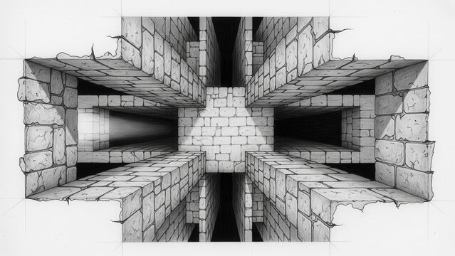 Abstract 3D Maze Architecture, Stone Brick Walls, Optical Illusion, Geometric Structure
