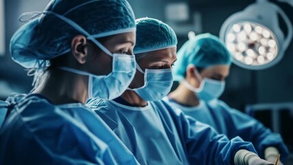 Team of surgeons working in a modern operating room. Medical professionals focused during a critical procedure. Healthcare and medicine concept