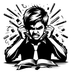 Black and White Vector Angry Boy Breaking a Pencil