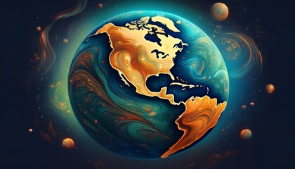 the earth a blue and green sphere floats in the vast expanse of space its surface adorned with a pattern of brown and orange hues the backdrop is a dark blue sky dotted