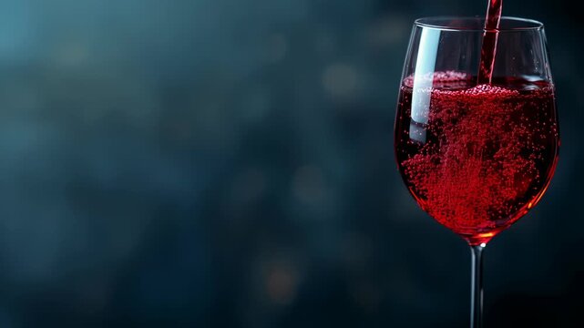 Pouring sparkling red wine into a glass on a dark background. A cinemagraph with bubbles and copy space for text. Luxury celebration concept