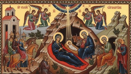 Traditional Byzantine Icon of the Nativity Scene with Baby Jesus, Mary, Joseph, Angels, and Magi