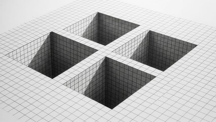 Optical Illusion of Four Deep Squares on Graph Paper, 3D Drawing, Surreal Art