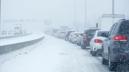 Traffic congestion on highway as cars are stuck in snowstorm, winter weather with heavy snowfall causing slow travel, poor visibility and icy road conditions disrupting transportation and commuting