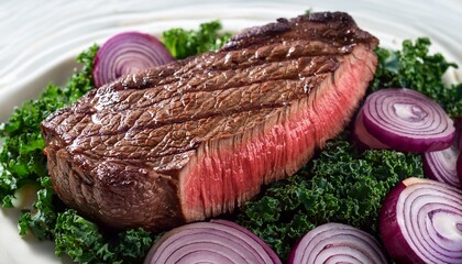 the beautiful texture of the steak fat and muscle contrasts with the sliced red onions and kale leaves