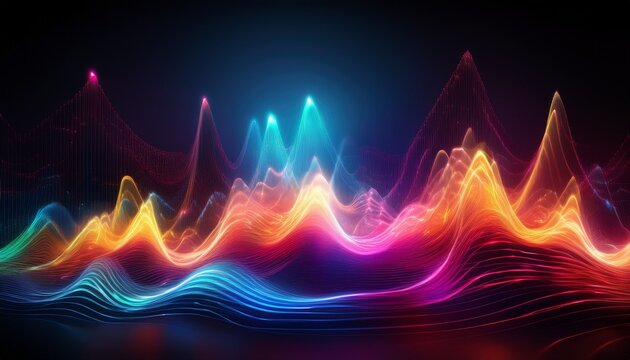 glowing vibrant sound visualization displays fluctuating energy pulses against a dark background - Powered by Adobe