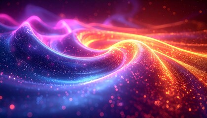 Abstract flowing waves gradient from pink/blue to orange, glittering with tiny particles against a dark backdrop