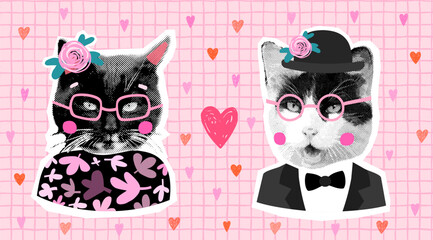Vector halftone collage cat couple on pink background with hearts, funny Valentine's Day or wedding design or greeting card