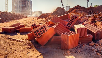 red hollow bricks and various debris lie scattered on the dusty ground of an active construction site on a sunny day