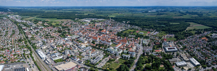 Aerial panoramic view of the city and castle Dillingen in Germany, Bavaria on a sunny spring noon.