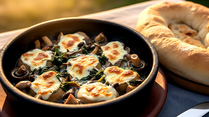 Still life, authentic Georgian soko kezhatsa (mushrooms baked with cheese), melted sulguni cheese bubbling over saut&eacute;ed wild mushrooms, herbs 