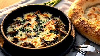 Still life, authentic Georgian soko kezhatsa (mushrooms baked with cheese), melted sulguni cheese bubbling over saut&eacute;ed wild mushrooms, herbs 