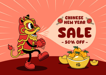 Chinese New Year 2026 Sale Banner with Cartoon Lion Dance Character and 50% Discount