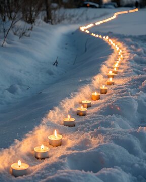 Warm glowing candles illuminate a snowy winter trail.