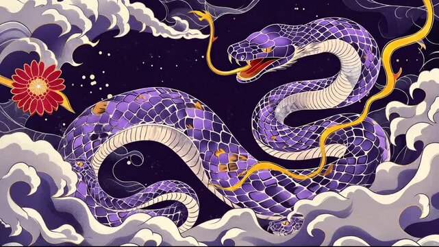 A majestic purple serpent with golden scales and a red tongue, surrounded by stylized clouds and stars in a mystical Asian art style.
