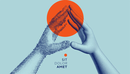 A hand as a cascading digital code matrix touches a hand in a stipple style. Hands with steepled fingers. Body language. Сascading digital code matrix. Vector for poster, cover, brochure, presentation