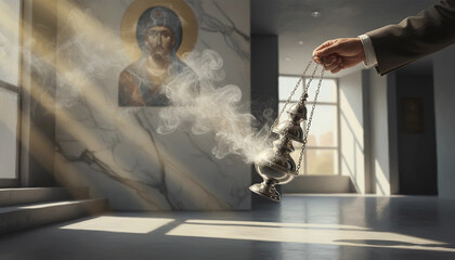 A person holding a censer releasing incense near a religious icon on a marble wall, creating a scene of solemnity and reverence