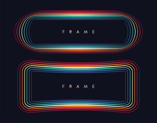The colorful frame consists of multiple multicolored lines. Glow effect. Neon and LED strips. Vector illustration for brochure, poster, cover, card, flyer, banner, advertising or presentation.