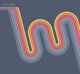 A retro 1970s-style background. Colorful lines. Abstract, dynamic curved ribbons. A serpentine curve of a race track. Designed for posters or banners for sports competitions. Vector illustration. © Login