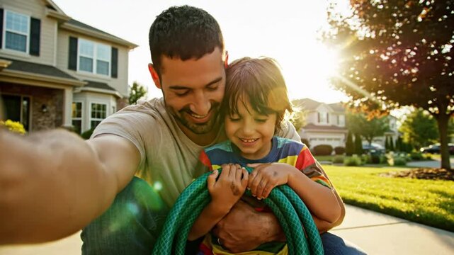 Happy father and son taking selfie in front yard of family home on sunny day