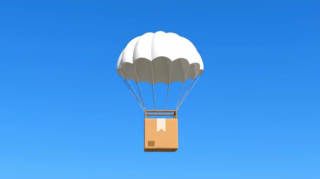 Delivery Package Floating with Parachute in Blue Sky