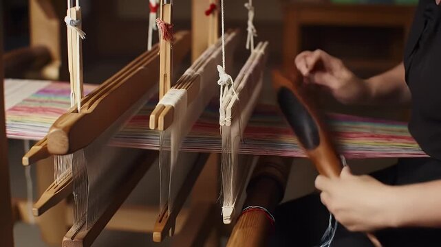 Artisan weaving vibrant textile pattern on traditional wooden loom in workshop