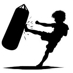 Black and White Vector Angry Boy Kicking Bag