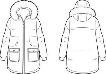 Front and back view of a hooded parka with fur trim and pockets winter coat hooded jacket © Creatives Mind