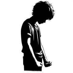 Black and White Vector Angry Boy Standing with Head Down