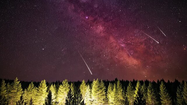 Night sky meteor shower with trees silhouette and celestial display