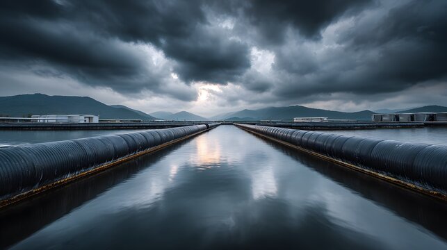 Black high-density polyethylene pipes floating on a dark aquaculture pond with symmetry, leading lines, and dramatic water reflections.
