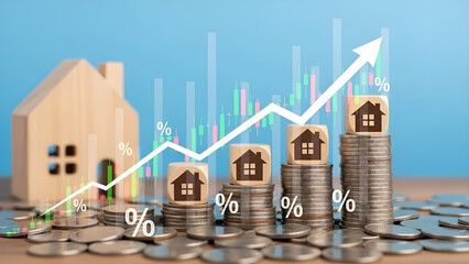 Rising real estate market trends showing property investment growth indicated by stacked coins and upward trending financial charts