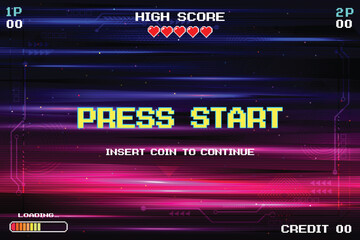 PRESS START. insert coin to continue. pixel art 8 bit. Retro Futurism Sci-Fi Background. glowing neon grid. and stars from vintage arcade computer games