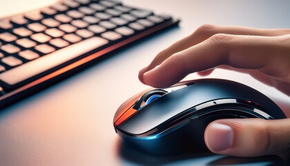 detail of a finger on the scroll wheel of a modern mouse with a keyboard in the back