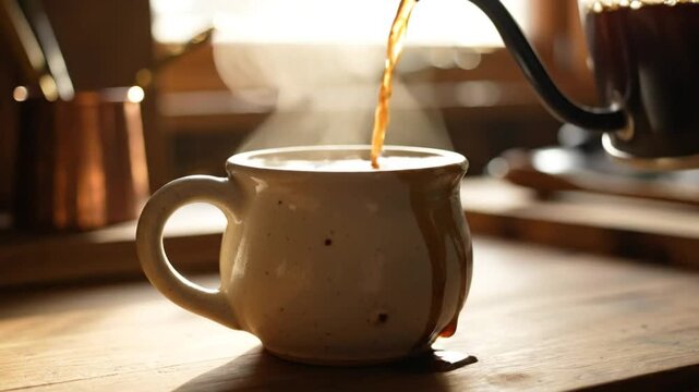Brewing rich coffee, pouring from a gooseneck kettle into a handcrafted mug with morning sunlight creating a cozy atmosphere