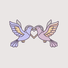 Two doves forming heart shape symbolizing love peace and unity in soft pastel outline illustration