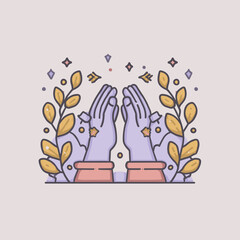 Two open hands reaching toward each other in a gentle symmetrical gesture symbolizing care connection and support in a soft pastel illustration