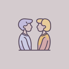 Two people sitting face to face representing friendship intimacy and calm communication in a minimalist pastel illustration style