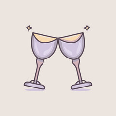 Two elegant wine glasses clinking in a romantic toast with soft pastel tones and minimalist outline style, perfect for celebration and love themes