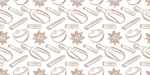 Seamless pattern with cinnamon stick, star anise, wooden scoop and bowl filled with ground spice. Design for recipe book or spice design in line art style.