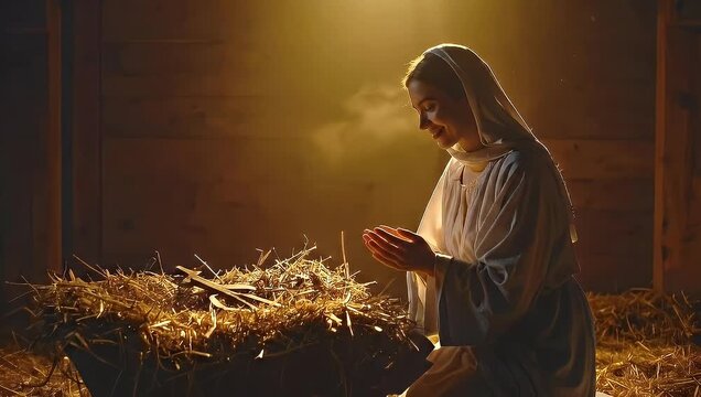 Spiritual serenity in quiet contemplation near humble manger, faith devotion